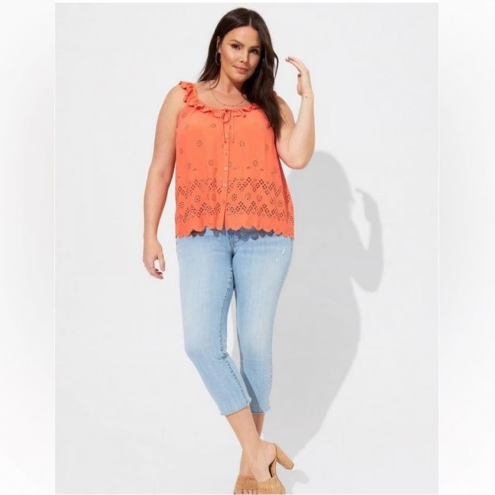Torrid Coral Eyelet Ruffle Tie-Front Tank Top Size 2
